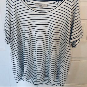 LOFT White and Navy Striped Scoop Neck Sweater
